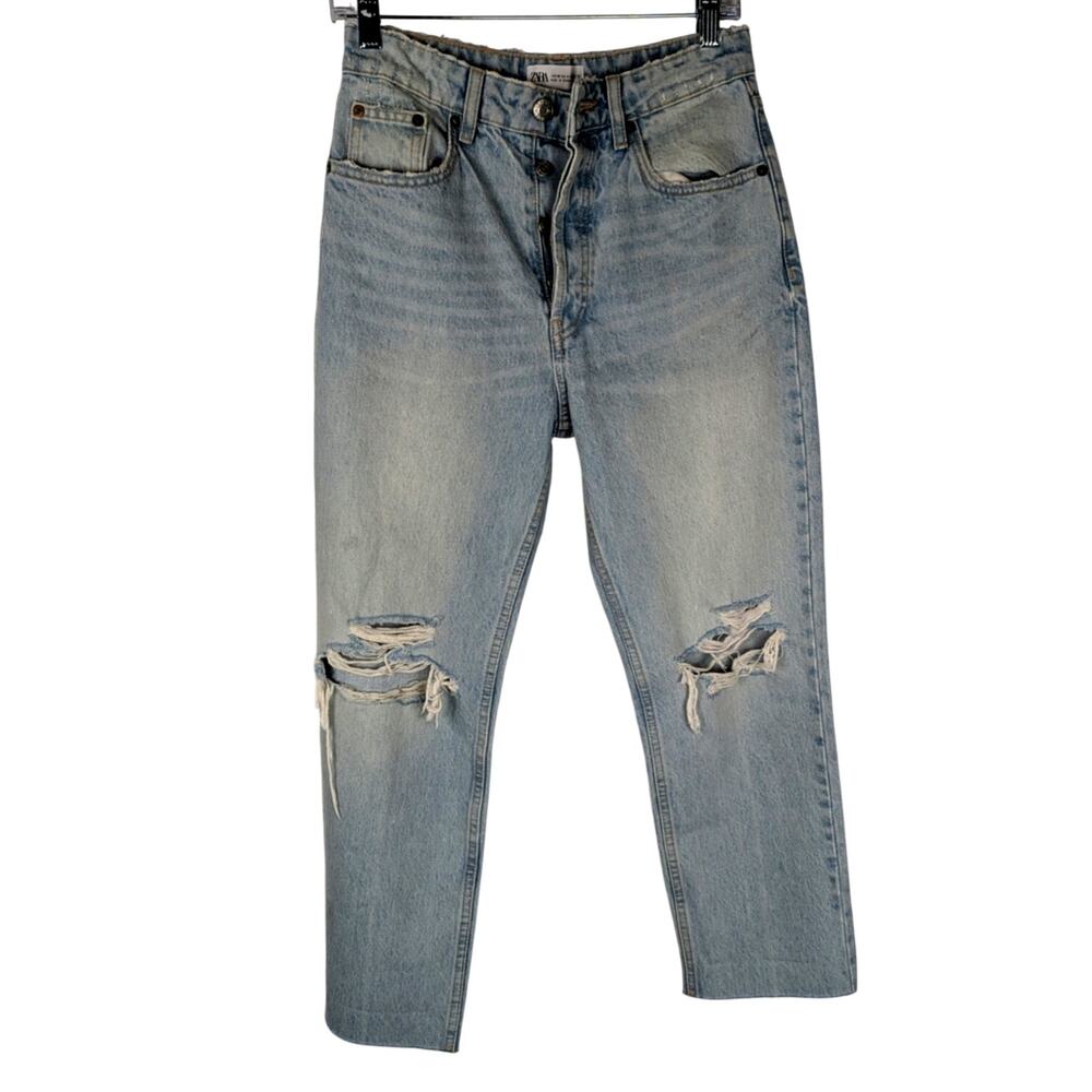 Zara High Rs Distressed Straight Leg Jeans Size 4 Light Button Fly Ripped Knees